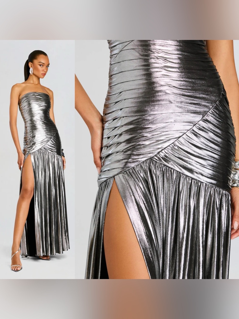Retrofête Josie Dress in Gunmetal Silver Lame Gown with Side Slit size Small NWT - Picture 2 of 7